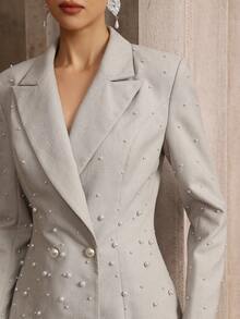 女式领口缀饰珍珠装饰修身派对西装外套，优雅时尚的设计适合任何场合，非常适合办公室穿着和社交活动，秋季 - 灰色 - 查看 5