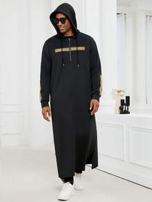 Men's Robe Side Split Kaftan Cotton Long Gown Thobe,Modern Islamic Men's Long Thobe Kamees,Islamic Men's Hooded Long Gown,Spliced Low-Key Golden Webbing,A Classy Yet Casual Design - Black - View 2