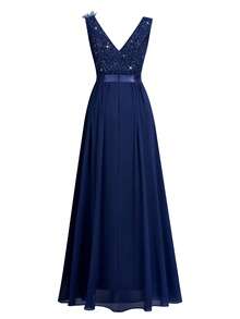 MIUSOL Elegant Women's Sequin Floral Lace Sweetheart Neck Maxi Dress, Sleeveless With Applique Shoulder, Ruched Chiffon Split Thigh Hem, Perfect For Formal Evening Party, Wedding Guest, Birthday - 藏蓝色 - 查看 8