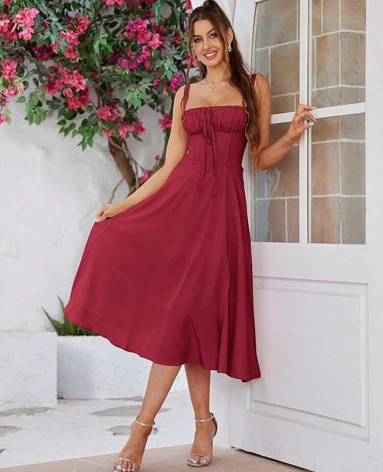 Floral Midi Corset Dress Wedding Guest Flowy Slit Lace Up Dresses Women Tea Party A Line Casual Sundress - Solid Red - View 5