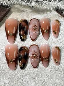 Handmade Nail Art, Maillard 3D Floral Nail Art, Amber Autumn Nail Art, Halo Nail Art, Brown Nail Art, Medium Almond French Tip Nail Art, False Nails For Women Nail Supplies Handmade Press On Nails - màu nâu - Xem 2