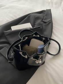 Mini Solid Color Rhinestone Fashion Evening Bag, Glittering Sequin Drawstring Bucket Bag With Metal Chain, Suitable For Party & Outdoor, Women - Black - View 7