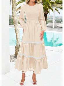 KIRUNDO Smocked Boho Tiered Lace Trim Flowy Maxi Dress Long Dresseshalloween - Màu be - Xem 4