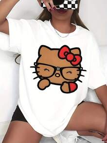 SANRIO Women's Short-Sleeved Crew Neck Casual T-Shirt With  Print. Made Of Pure Cotton. Machine Washable. Suitable For All Seasons. Summer Wear. Fun, Sexy, Avant-Garde And Personalized Design. Opaque Fabric. - trắng - Xem 1