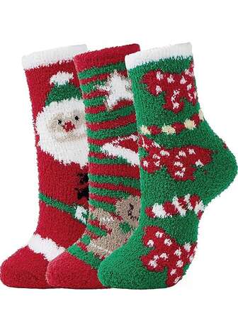 1/2/3 Pairs Coral Fleece Christmas Socks, Women Mid-Calf Socks, Warm Fuzzy Thick Socks For Christmas, Home, Winter