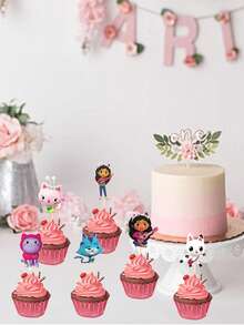 Gabby's Dollhouse Gabby's Dollhouse Cake Sign Birthday Decoration Plugin, Creative Dessert Table Arrangement, Birthday, Christmas, Halloween And Thanksgiving Party Supplies, Ins-Style Photo Props, Disposable Cake Sign.