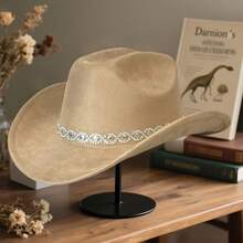 Rhinestone Western Cowgirl Hats Fashionable Elegant Wide Brim Fedora Caps For Women And Men - 卡其色 - 查看 5