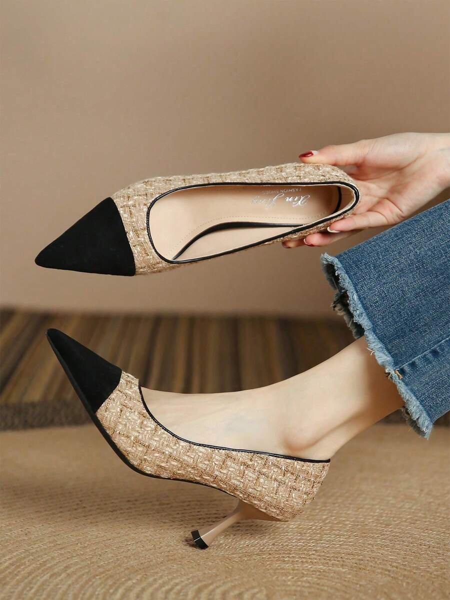 Xin Jing Shoes 女士时尚撞色中跟鞋,百搭套脚鞋,优雅 - 黑色 - 查看 1