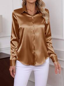 2026 New Elegant Solid Color Button-Down Long Sleeve Shirt, Classic Workwear Blouse For Women Spring - Coffee Brown - View 3