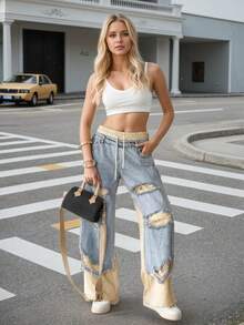 Nuevos Jeans Rasgados de Mujer con Bloques de Color 2025, Jeans Rectos Cómodos con Cordón de Alta Calidad, Lavables a Máquina, Aptos para Todas las Estaciones - Azul - Ver 5
