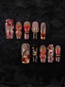 10 Pieces Of Handmade Constructed Blue French Long Square Fake Nails, Adorned With Gorgeous Rhinestone Accessories, Featuring Transparent 3D Stereo Water Wave And Flower Decorations, And A Gradient Fake Press-On Nail Set. Perfect For Daily Life, Making You Look Stunningly Beautiful.