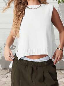 Women's Knit Tank Tops Sleeveless Crew Neck Solid Color Side Tie-Up Loose Fit Vest For Summer Spring Fall - 白色 - 查看 5