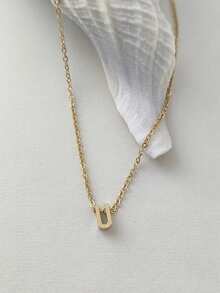 Magic Fish 1pc Classic Perforated Gold Letter Necklace A-Z 26 Initial Pendant Necklace, Stainless Steel Charm Jewelry Gift, Suitable For Daily Wear - Gold - View 26
