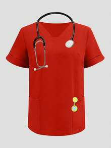 1 Set Solid Color V-Neck Short Sleeve Top And Split Leg Pants Lab Coat Nurse Scrub Uniform Scrubs Suit, Pet Hospital Clinic Work Scrub Uniform Top And Pants With Pockets - 紅色 - 查看 5