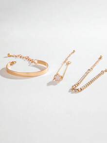 3件套时尚合金水钻四叶草手链，简约几何光滑手镯套装，适合日常佩戴 - 彩色 - 查看 5