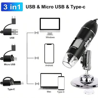 3-In-1 Type-C Android USB Computer Digital Microscope, 1600X 3-In-1 Digital Microscope Camera, Portable Electronic Microscope For Soldering, LED Magnifier, Type-C USB Rechargeable Magnifier