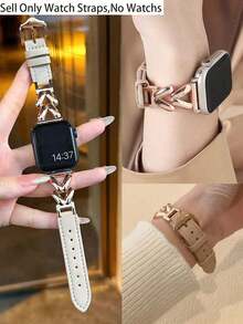 1 条兼容 表带，杏色皮革和金属链混合表带，适用于 38mm/40mm/41mm/42mm/44mm/45mm，时尚耐用，适合腕围 155cm-205cm