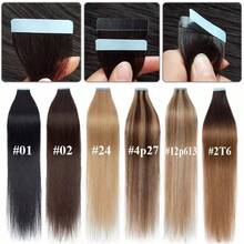 16 英寸 - 24 英寸 100% 真人发片接发，女士适用，20 片/包，直发无缝皮肤纬纱，雷米真人发片接发，渐变色，深棕色至浅棕色，T2/6# - S2/6 - 查看 5