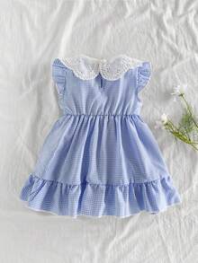 Đầm xếp ly không tay kẻ caro cổ bèo nhún cho bé gái, giản dị & dễ thương khi đi chơi, phù hợp cho mùa xuân & hè - Màu xanh lam - Xem 2