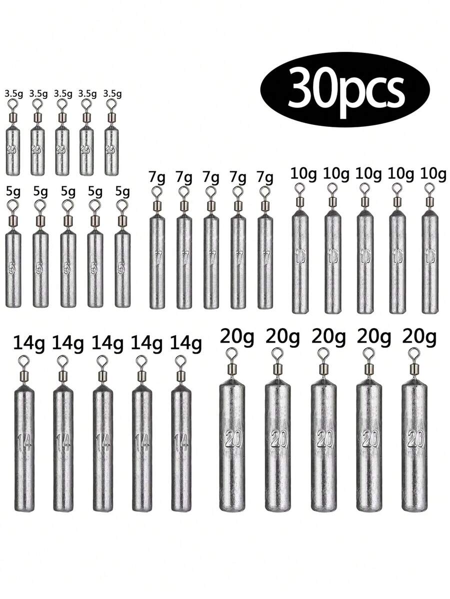 钓鱼铅坠 30 件/批 铅坠模具 3.5 克 5 克 7 克 10 克 14 克 20 克 管状子弹铅坠金属夹具渔具套装工具