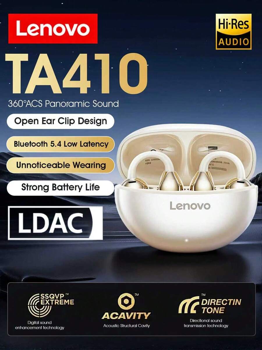 Lenovo 联想 TA410 无线开放式耳机，蓝牙 5.4，骨传导，触控，长效电池寿命，降噪麦克风，防水，适合运动、音乐、办公、游戏，可作为礼物 - 米色 - 查看 1