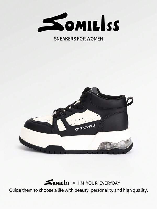 somiliss Women's Anti-Slip Air Cushion High-Top Lace-Up Leather Sneakers, Comfortable Thick Sole 5cm Increase, Outdoor Sports Casual Shoes, Black & White