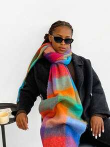 1pc Women's Solid Color Fluffy Long Scarf, Warm Neck Accessory For Winter; Colorful Plaid Oversized Thick Fringed Knit Shawl Wrap - HM06-red Orange Blue - View 7