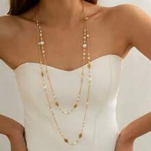 2pcs/Set Double-Layer Long Necklace Suitable For Daily And Party Occasions Accessories For All Seasons - Women's Gift - Daily Wear Wedding Party ,Date Party - 金色 - 查看 1