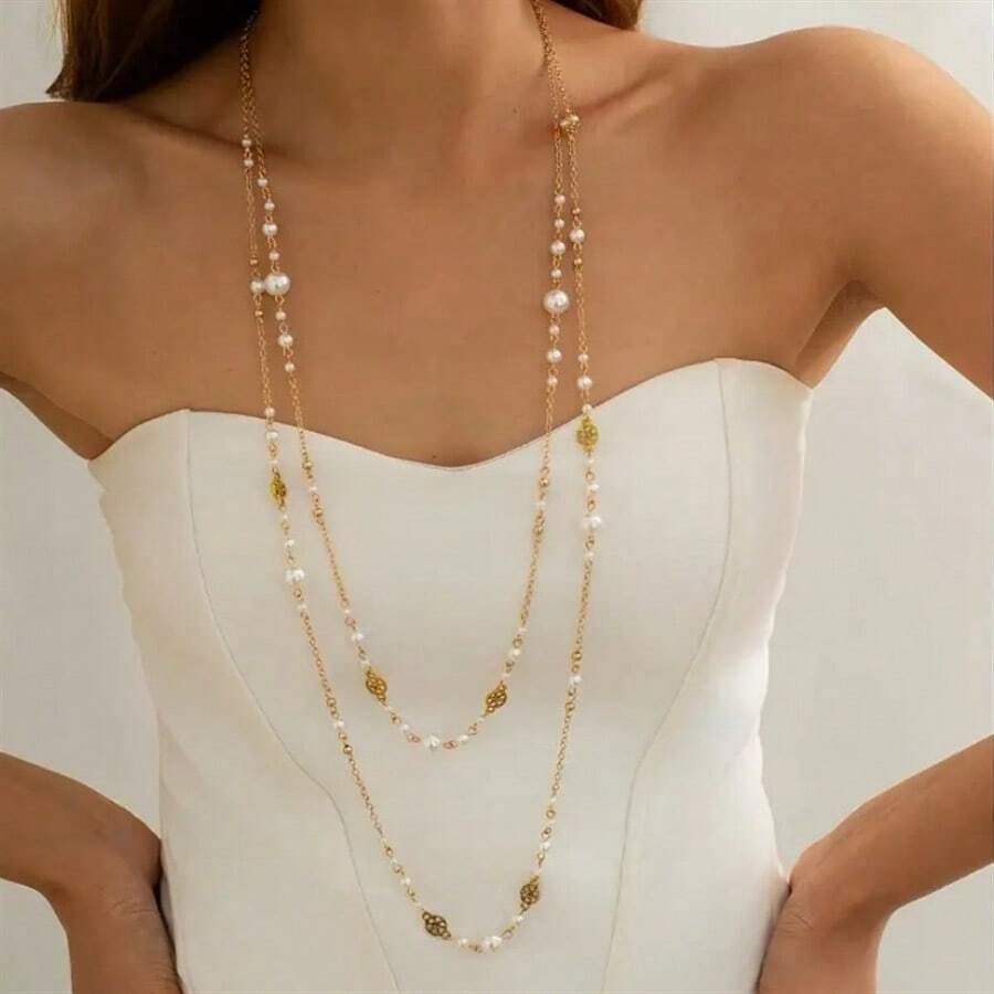 2pcs/Set Double-Layer Long Necklace Suitable For Daily And Party Occasions Accessories For All Seasons - Women's Gift - Daily Wear Wedding Party ,Date Party - 金色 - 查看 1
