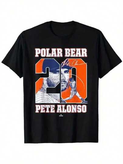 1pc Camiseta de béisbol para hombres Pete Alonso Polar Bear - No.20 Negra con gráfico naranja y blanco, 100% algodón, ajuste regular, cuello redondo, ropa casual para fanáticos del deporte, uso en todas las estaciones, diseño temático deportivo, ropa cómoda