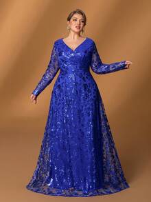 Faeriesty Mosy Elegant Plus-Size Mother Of The Bride Dress With Sophisticated V-Neck & Long Sleeves, Flattering A-Line Formal Gown For Weddings, Galas, Black-Tie Events, Evening Banquets, And Luxury Charity Functions - Royal Blue - View 5