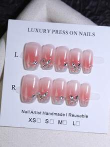 Aurora Metal PUNK & Y2K 腮红手工指甲 10 件方形短法式光泽蝴蝶水钻指甲装饰按压指甲可重复使用假指甲 DIY 美甲派对和职业假指甲 - 紅色 - 查看 11