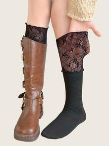 1/3双女士黑白蕾丝拼接过膝袜，复古风格，可搭配高筒靴，独特保暖的圣诞/新年礼物，情人节特惠 - 黑色 - 查看 4