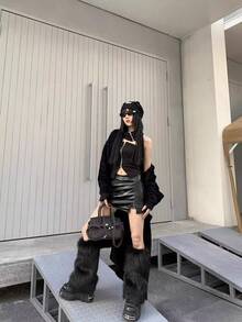 女士/女孩仿毛皮腿套，柔软舒适，带靴套，蓬松毛茸茸的腿套，冬季保暖舒适 - 黑色 - 查看 3