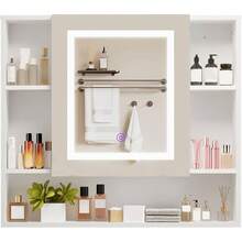 Espejo para botiquín con luz LED, Armario de Almacenamiento para baño montado en la Pared, Armario con Espejo de tocador Estilo Granja para baño, 70 x 13,5 x 62 cm - Blanco - Ver 1