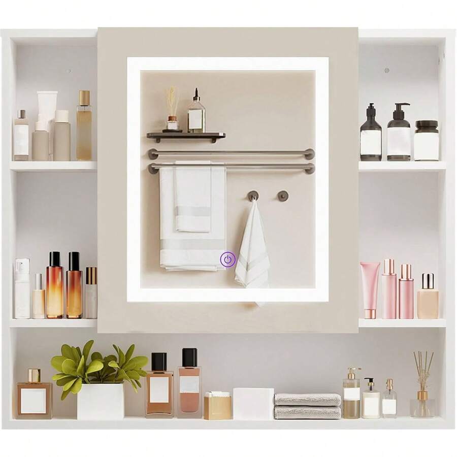 Espejo para botiquín con luz LED, Armario de Almacenamiento para baño montado en la Pared, Armario con Espejo de tocador Estilo Granja para baño, 70 x 13,5 x 62 cm - Blanco - Ver 1