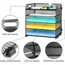 Bandeja de almacenamiento de papel de cinco capas con asa, organizador de archivos de malla para escritorio, clasificador de papel de oficina para útiles escolares - rosa - Ver 5