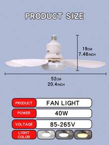 20.5英寸大型吊扇灯，带遥控器，40瓦灯座，E26/E27灯头，3档风速调节，色温3000K-6500K可调，灯座延长杆，适用于浴室、厨房和小房间 - 均碼 - 查看 11