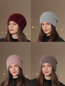 1pc Women's Warm Double-Layer Knitted Hat, Fashionable Pearl Headband Earmuffs Beanie, Thick Knitted Hat For Mothers In Winter