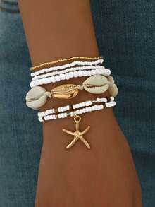 Bộ 7 vòng tay/vòng chân phong cách Bohemian đính hạt cườm hình vỏ sò, ngọc trai giả và sao biển, phù hợp cho nữ (màu sắc phối ngẫu nhiên), phụ kiện ngày Valentine. - Nhiều màu - Xem 3
