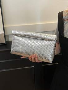 純色 PU 皮革輕量大容量翻蓋磁吸小方包，多功能派對晚宴包，適合女性 - 銀色 - 查看 10