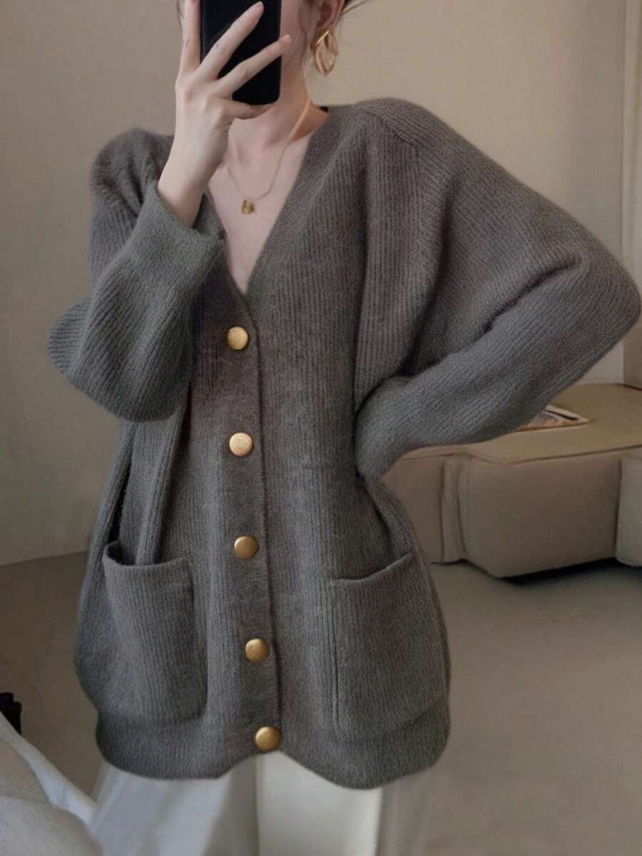 Alicedudu Áo khoác cardigan dệt kim mỏng họa tiết sọc dọc tối giản dành cho nữ, Thu/Đông - Xám đậm - Xem 1