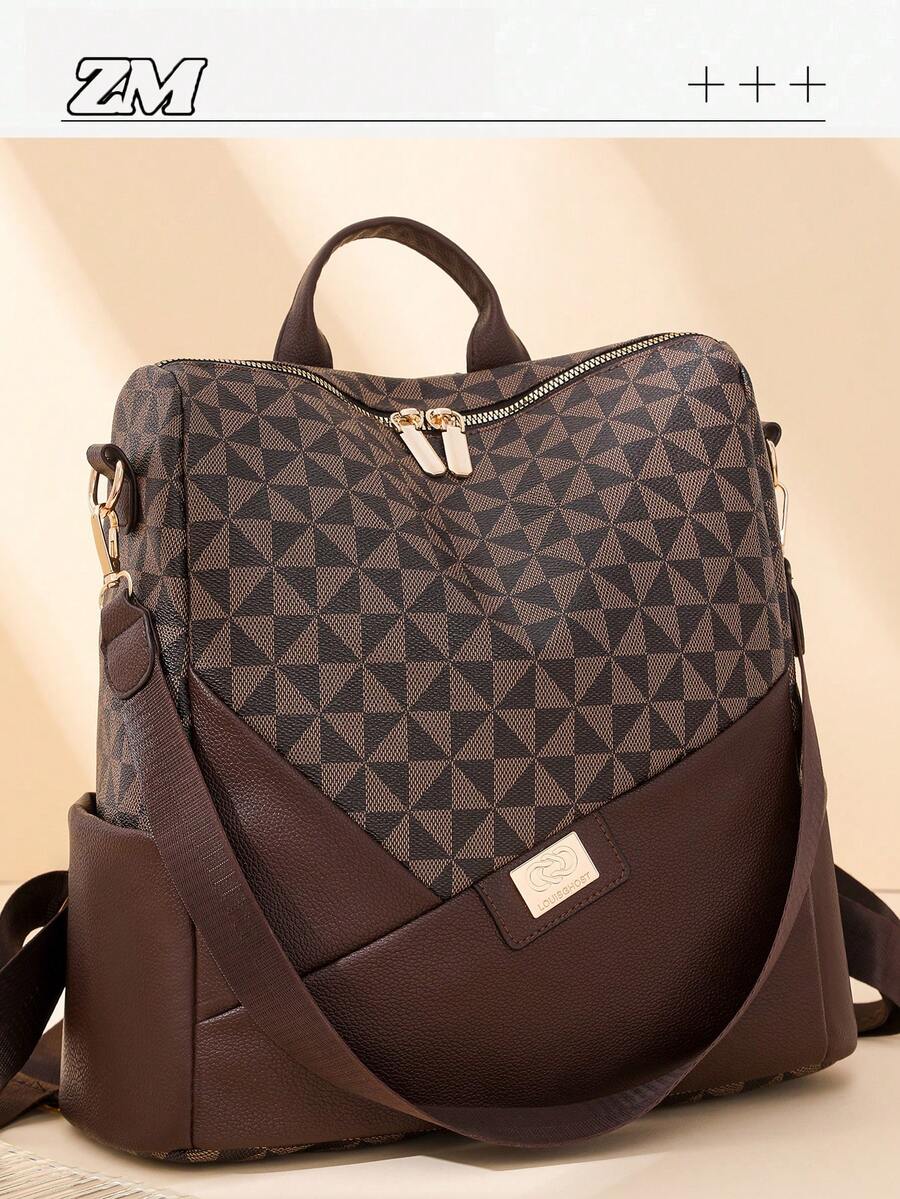 Women's Stylish Rhombus Patchwork Large Capacity Backpack, Commuter Bag, Student Backpack, Mommy Bag - Brown - View 1