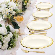 100/50 piezas Platos de papel con borde dorado, platos de papel marfil de 7 pulgadas/9 pulgadas con borde dorado, juego de platos de papel blanco, adecuado para cumpleaños, bodas, Navidad, Año Nuevo, despedida de soltera, suministros de fiesta, decoración