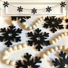 1pc Minimalist Black Snowflake Felt & Wooden Bead Hanging Ornament, Christmas & Winter Fireplace Decor