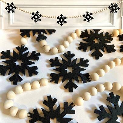 1pc Minimalist Black Snowflake Felt & Wooden Bead Hanging Ornament, Christmas & Winter Fireplace Decor