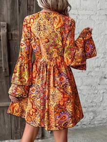 V-Neck Printed A-Line Long Sleeve Dress - Orange - View 2