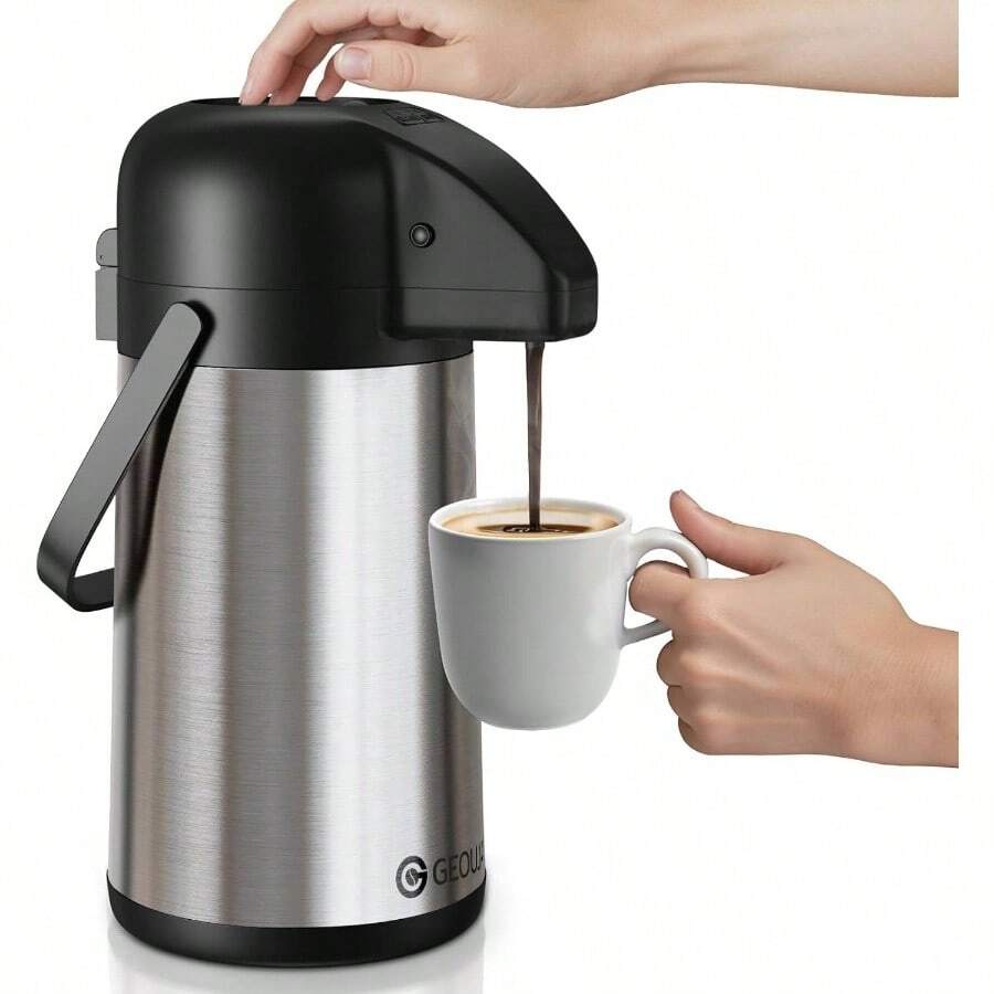 Airpot Coffee Carafe Keeping Hot - 102 OZ 3L Large Coffee Dispenser With Pump - Insulated Stainless Steel Urn Hot Drinks Tea Chocolate - Thermal Beverage Dispenser Parties - Stainless Steel + 64 Ounces - View 1