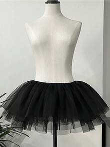 纯色性感涤纶（Polyester）女装28cm裙撑洛丽塔短款不对称六层柔软雪纺衬裙，日常无骨蓬蓬裙，Cosplay女仆裙撑四季适用 - 黑色 - 查看 3