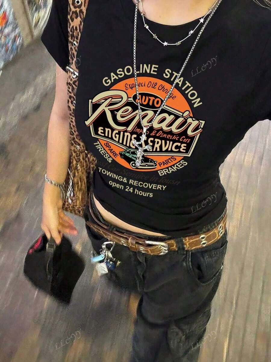 Camiseta de manga corta para damas con estampado de patrones, top de cuello redondo suelto y casual, se puede lavar aáquina para comodidad durante las cuatro estaciones. - Negro - Ver 1